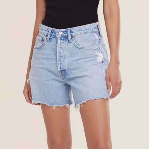 AGOLDE Parker Long Parade Distressed Cut-Off Denim Shorts - Picture 1 of 12